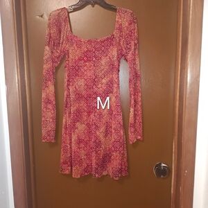 Chic Long Sleeve Floral Dress in Red and Orange